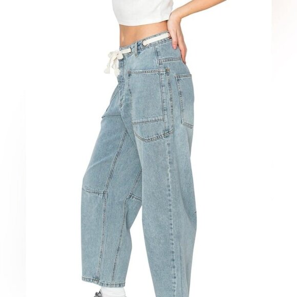 New Cali1850 barrel Women's Blue Jeans rope belt button fly size 11/30 - Picture 1 of 8